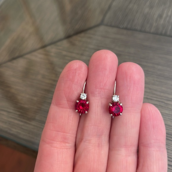 Vintage Sterling Silver Red Gem Hook Wire Earrings - Picture 3 of 12